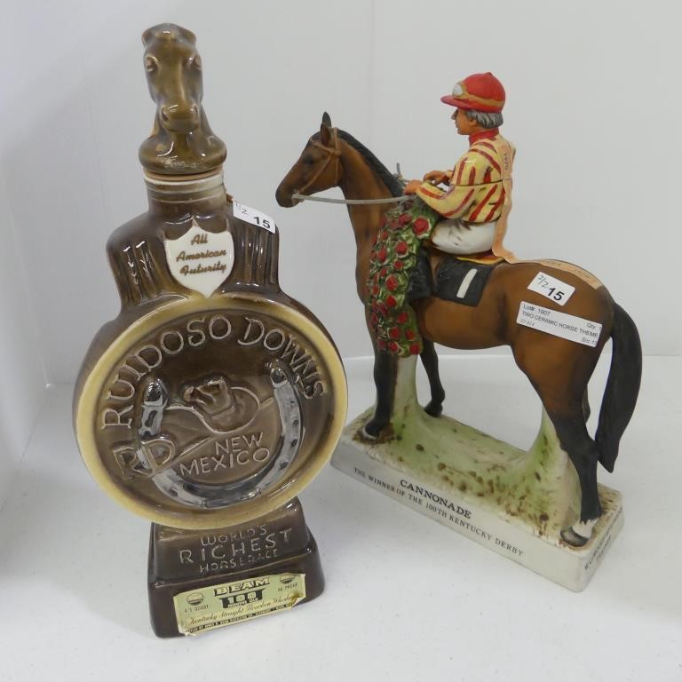 TWO CERAMIC HORSE THEME DECANTERS W/CONTENTS