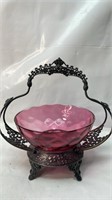 Pink Glass Bowl on Silverplate Stand With Handle