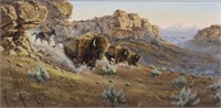 RICK KELLEY (20TH C.) ACRYLIC PAINTING BISON HUNT