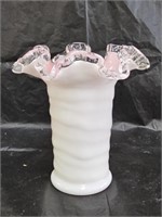Vintage Fenton Pink Case Lined White Vase
