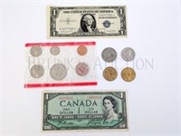 (2) $1 BILLS & (9) COINS