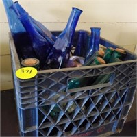 CRATE OF BLUE VASES AND MORE