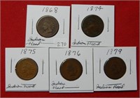 (5) Indian Head Cents  -1868-1874-1875-1876-1879