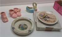 (3) POTTERY PLANTERS, (1) BABY DISH, (1) NORMAN