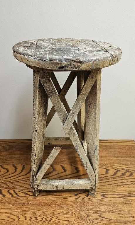 Old Primitive Chippy Stool- Sturdy- Has One Cross