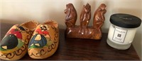 L - WOODEN SHOES, 3 MONKEYS, CANDLE (E20)