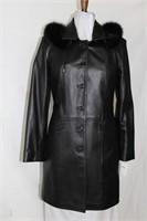 Black leather 3/4 coat with fox fur trim