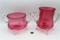 2 Blown Cranberry Glass Footed Vase & Candy Dish