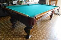 1914 solid slate pool table w/ leather pouches,