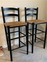 BAR STOOLS, WOODEN WITH BLACK PAINTED LEGS AND