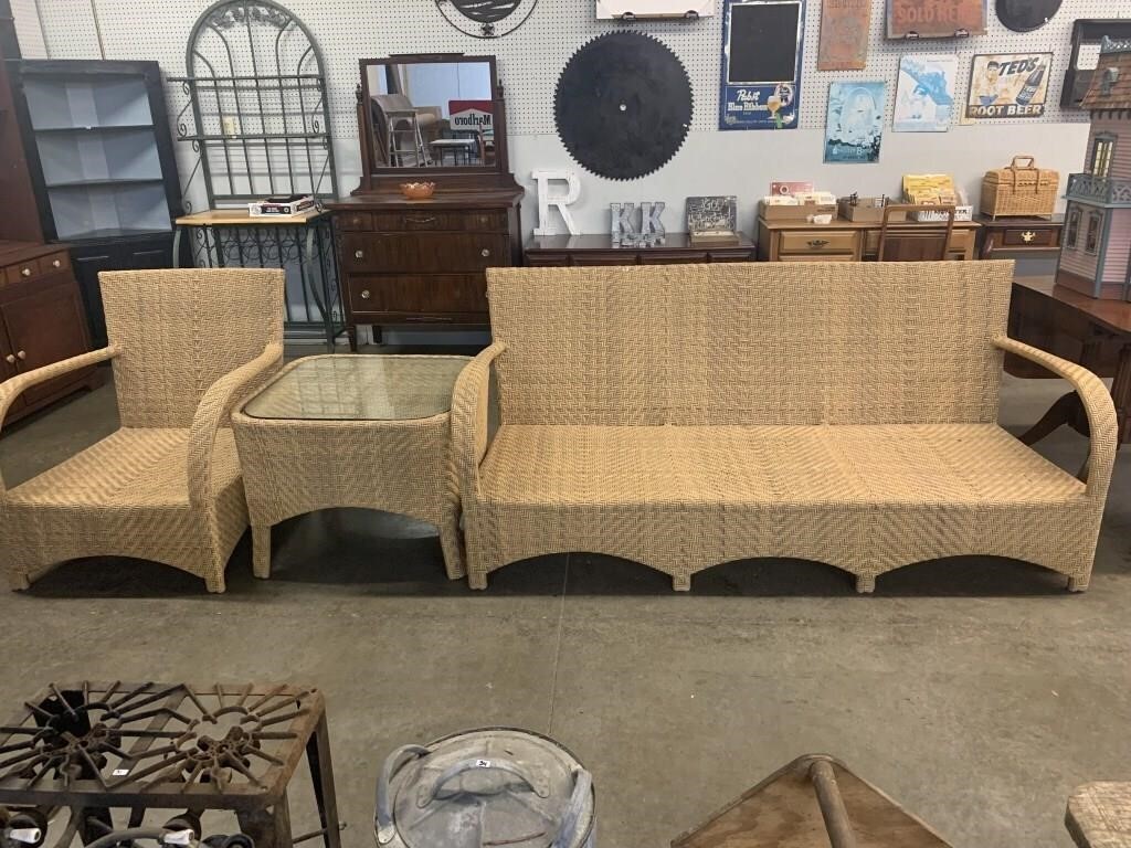 WICKER SOFA, CHAIR AND GLASS TOP TABLE