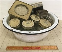 ENAMEL BOWL WITH MIXED TINS AND JARS