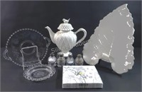 Artisian Leaf Pattern Dish, Tea Pot, Shaker Set