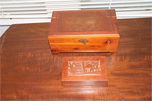 2 Wooden trinket boxes one decorated with a