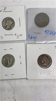 2 Mercury dimes, 1 V nickel, 1 Indian head penny