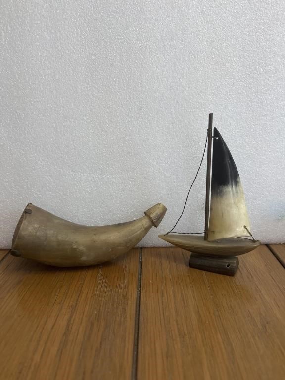 Vintage  Horn Sailboat Sculpture And Powder Horn