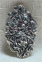 Sterling Silver Art Nouveau Lady w/Red Stone