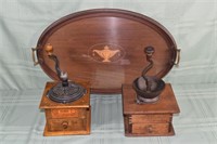 2 coffee grinders and a mahogany 24" oval serving