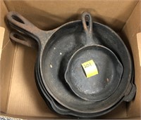 BOX OF OLD CAST IRON SKILLETS