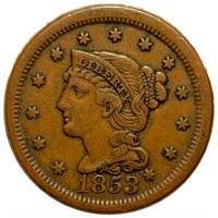 1853 Braided Hair Large Cent ABOUT UNCIRCULATED