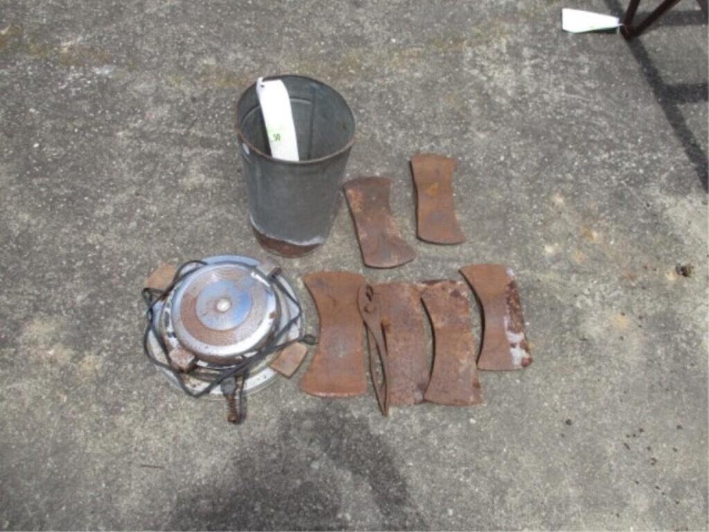 Tin bucket, axe heads