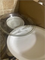 Box of pie plates devided dish, glasses bowls and