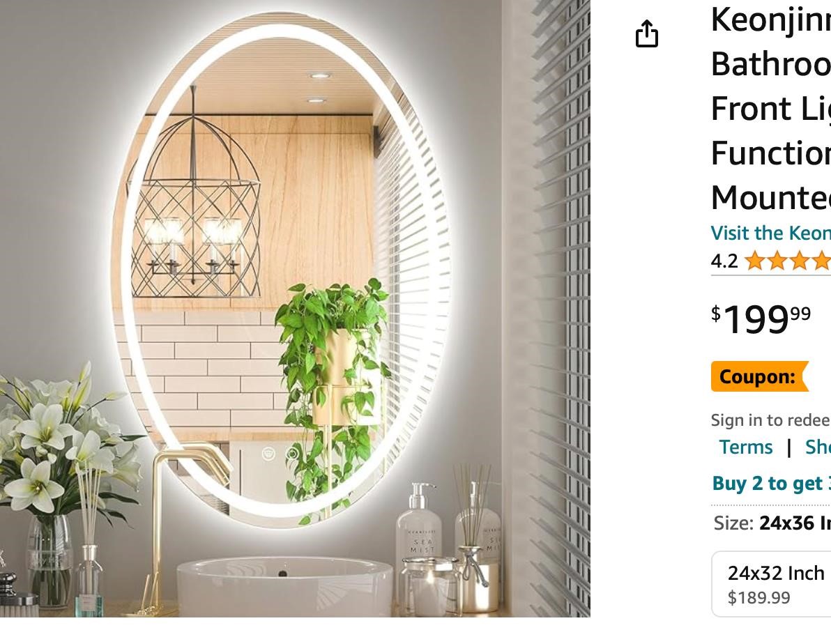 Keonjinn 24 x 36 Inch Oval LED Bathroom Mirror