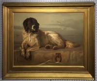 Oil On Canvas Painting Of Dog In Gilt Frame