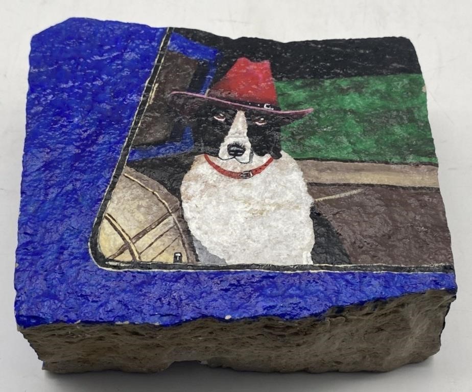 (L) Dog With Cowboy Hat Painted Stone Slab,