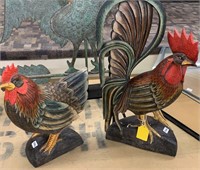 Wooden Carved Rooster & Chicken