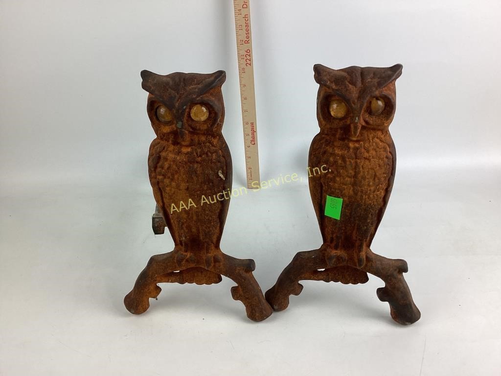 Cast iron owl andirons.