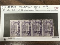 1015 NEWSPAPER BOYS STRIP OF 4 1952 STAMPS OG NH
