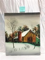 Barn & Silo Winter Scene Oil Painting