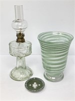 Glass Oil Lamp, Art Vase, Jasperware Style Plate