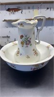 Floral water pitcher and basin large unmarked
