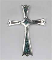 STERLING SILVER CROSS INLAID TURQUOISE AND CORAL