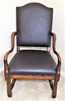 Leather Arm Chair with Wood Carved Detail
