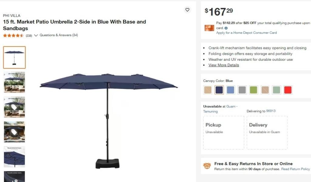 E4216 15 ft. Market Patio Umbrella 2-Side in Blue