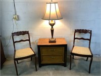 2- rosewood chairs- lamp-table