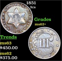 1851 Three Cent Silver 3cs Grades Select Unc
