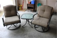 2 Swivel/Rocking Patio Chairs & Side Table