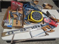 Tools, extension cords, level, misc