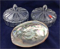 Two Pressed Glass Covered Dishes & Clam Shell