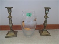 2 Brass candle sticks 10" & glass vase