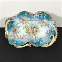 HAND PAINTED DISH SCULPTURAL SCROLLED RIM