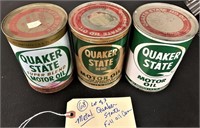 3 old metal Quaker State oil cans advertising