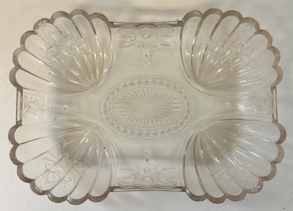 VERY RARE NS GLASS TASSEL & CREST RELISH DISH