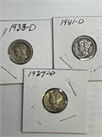 1937-D, 1938-D, 1941-D Mercury Dimes