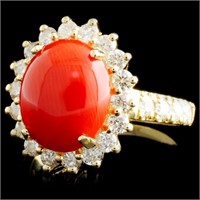 2.50ct Coral & 1.20ctw Diamond Ring in 14K Gold