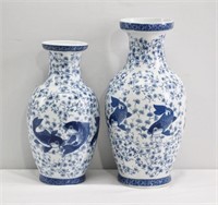 2pc Chinoiserie Koi Fish Hand Painted Vases